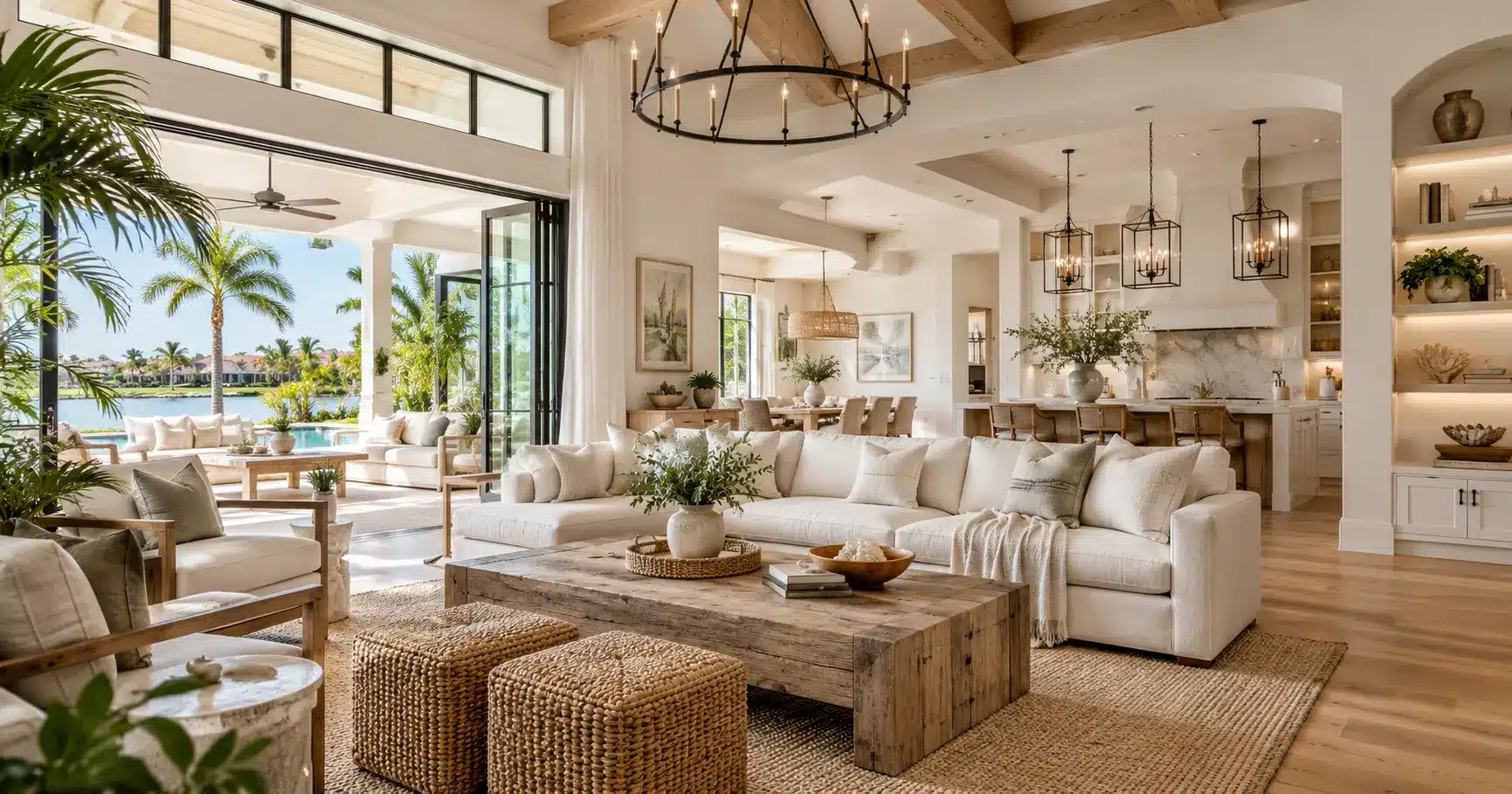 Luxury farmhouse interior design in Naples, FL, featuring exposed wood beams, a rustic coffee table, neutral furniture, natural textures, and an open living space overlooking a tropical waterfront.
