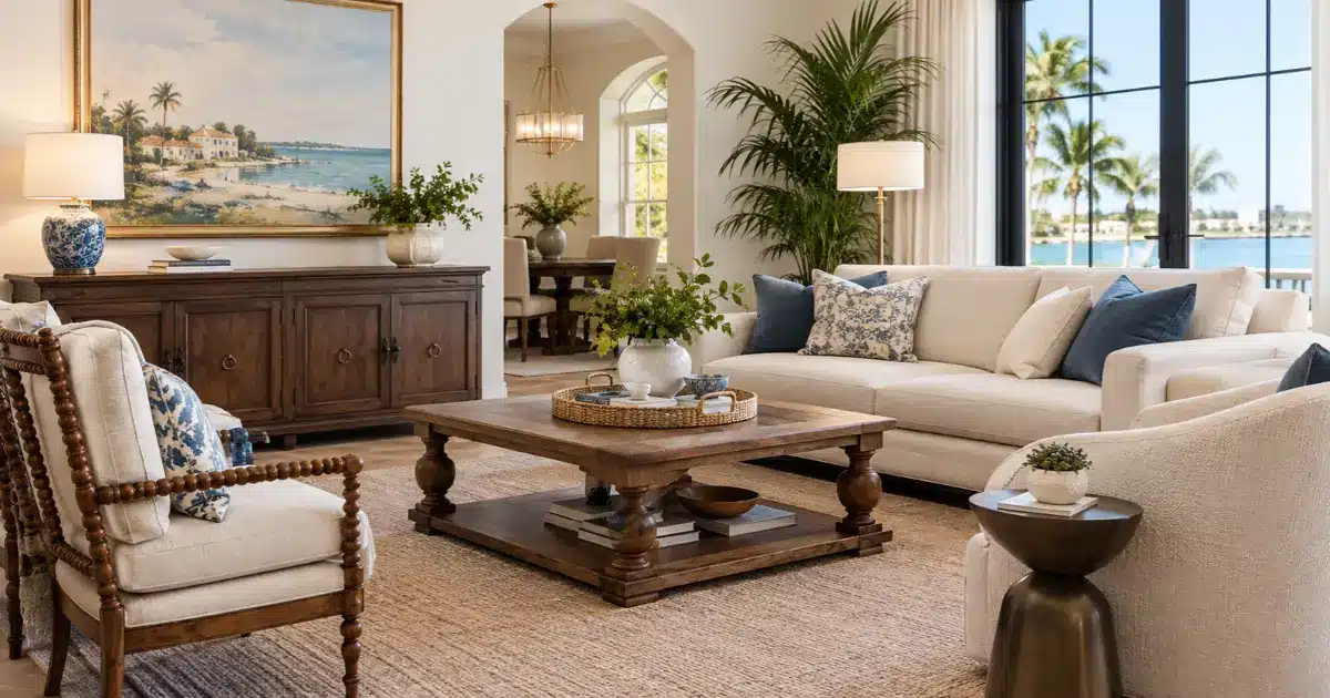 Traditional and modern furniture blended in a luxury Naples, FL living room, featuring a cream sofa, classic wooden armchair, coastal decor, and elegant interior design.