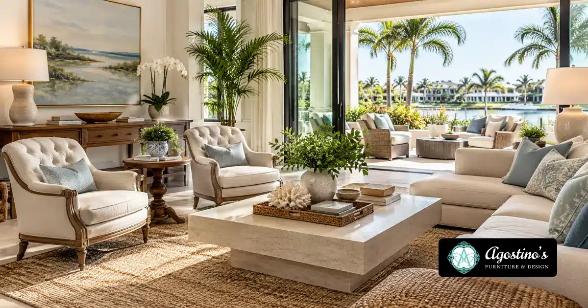 Luxury Naples, FL living room blending traditional tufted armchairs and wooden furniture with a modern sofa, stone coffee table, and elegant coastal decor.