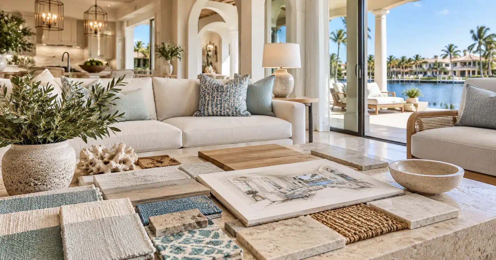 Elegant coastal living room in Naples, FL, featuring neutral furniture, fabric swatches, wood and tile samples, and an interior design mood board to help homeowners find their style before renovating.