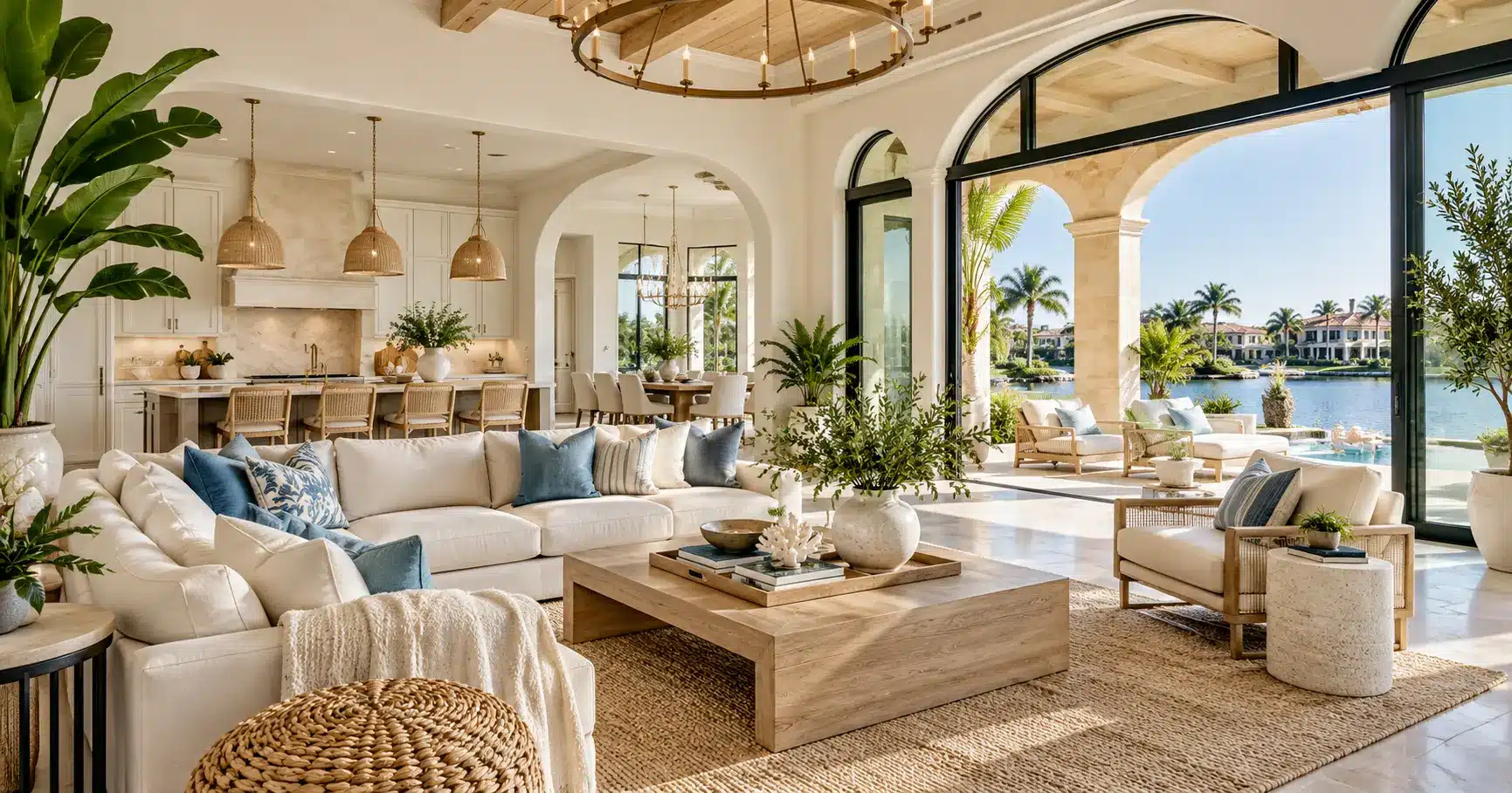 Luxury Naples, FL living room featuring coastal Mediterranean interior design with neutral furniture, natural wood accents, elegant decor, and waterfront views.