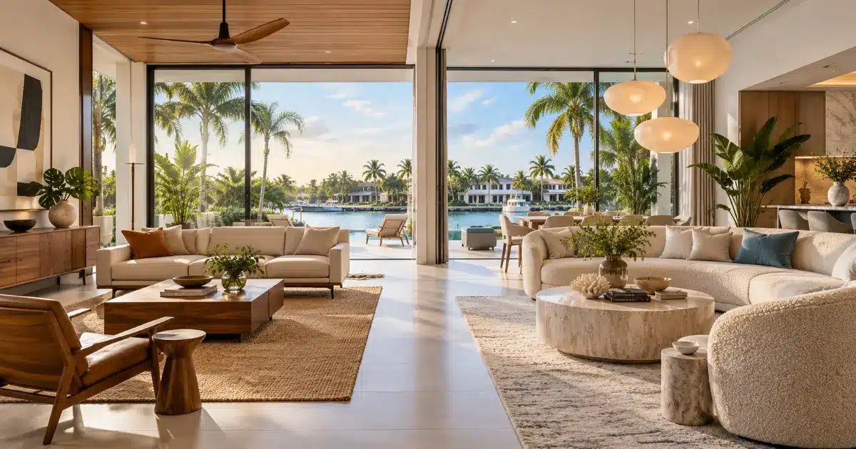 Side-by-side comparison of modern and contemporary interior design in a luxury Naples, FL home, featuring clean lines, warm wood finishes, curved furniture, and coastal views.