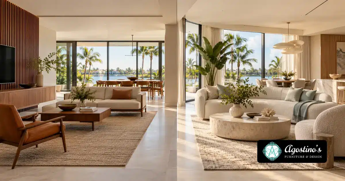 Modern vs contemporary interior design in a Naples, FL luxury home, featuring mid-century furniture, clean lines, curved sofas, natural textures, and waterfront views.