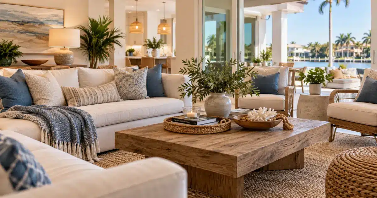 Layered interior design in a Naples, FL living room featuring neutral furniture, textured pillows, cozy throws, natural wood accents, woven rugs, coastal decor, and waterfront views.