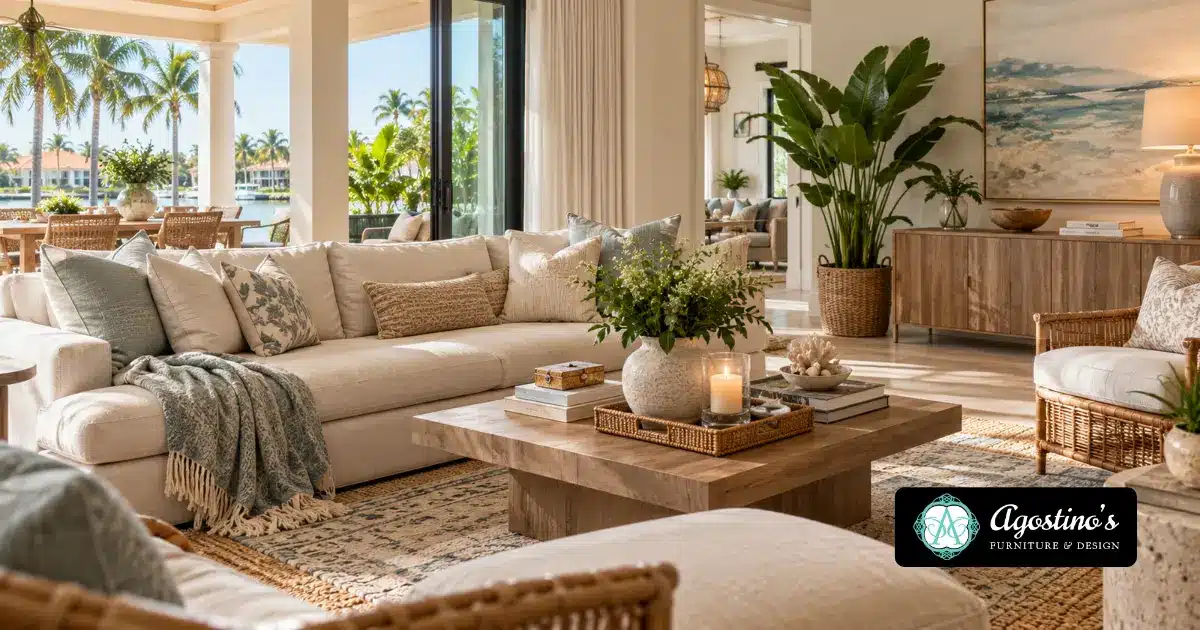 Layered interior design in a Naples, FL living room featuring a neutral sectional sofa, textured throw pillows, cozy blankets, layered rugs, natural wood furniture, coastal decor, and tropical waterfront views.