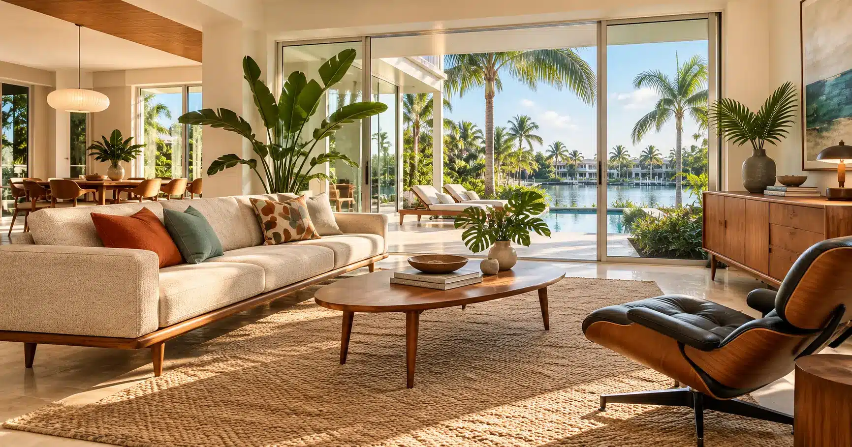 Mid-century modern living room in a Southwest Florida waterfront home featuring a beige sofa, walnut furniture, leather lounge chair, warm wood accents, tropical plants, and floor-to-ceiling windows overlooking palm trees and a swimming pool.